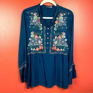 Johnny Was dark teal floral embroidered blouse size medium